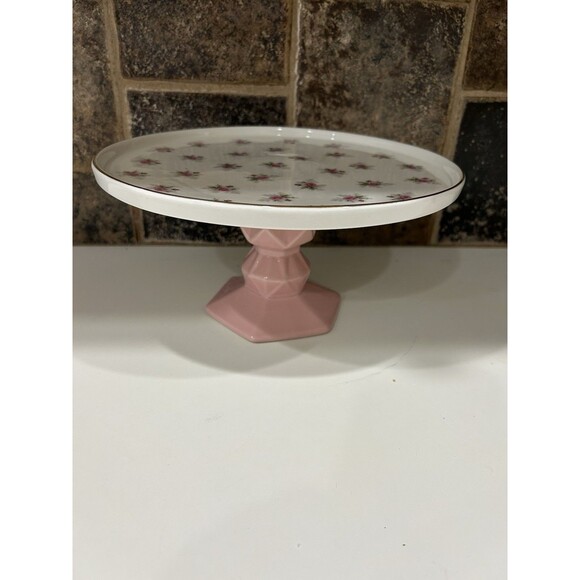 Cake Stand Grace's Teaware Porcelain Rose Flowers on Pink Pedestal Gold Trim - Picture 7 of 11